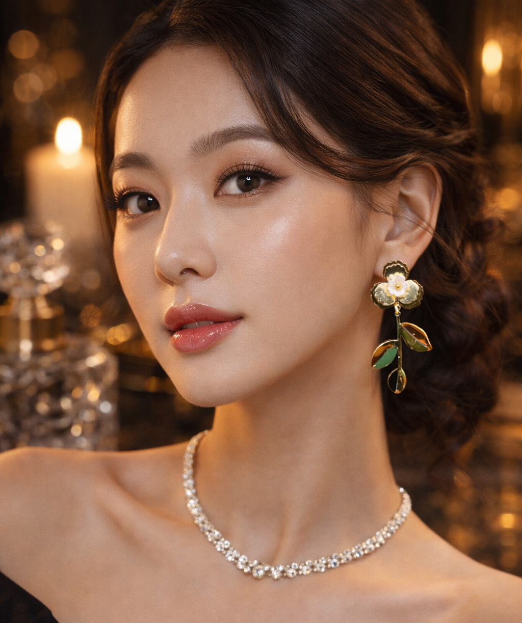 Golden Floral Drop Earrings with Green Enamel Leaves