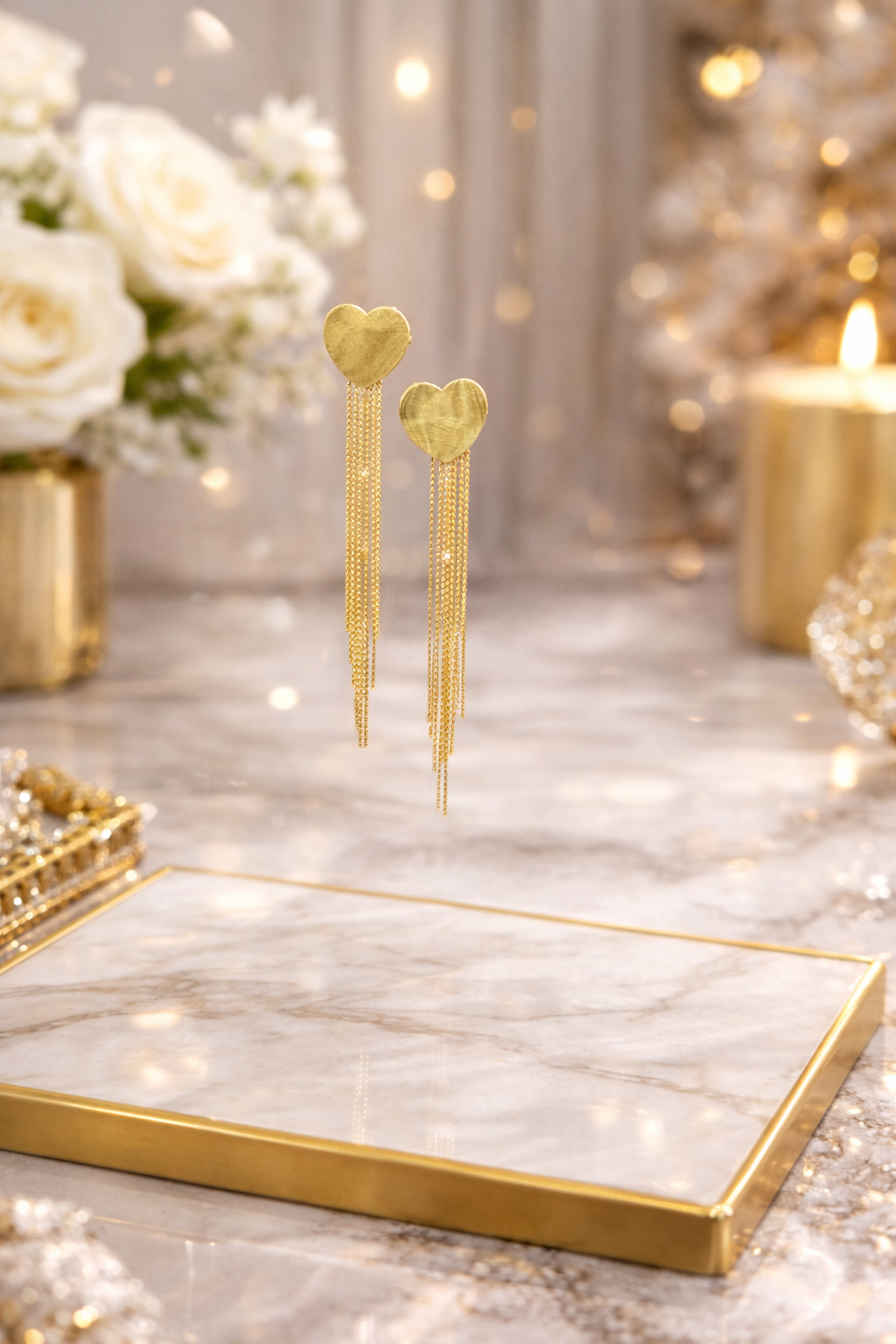 Gold Heart Tassel Drop Earrings – Luxury Chain Design