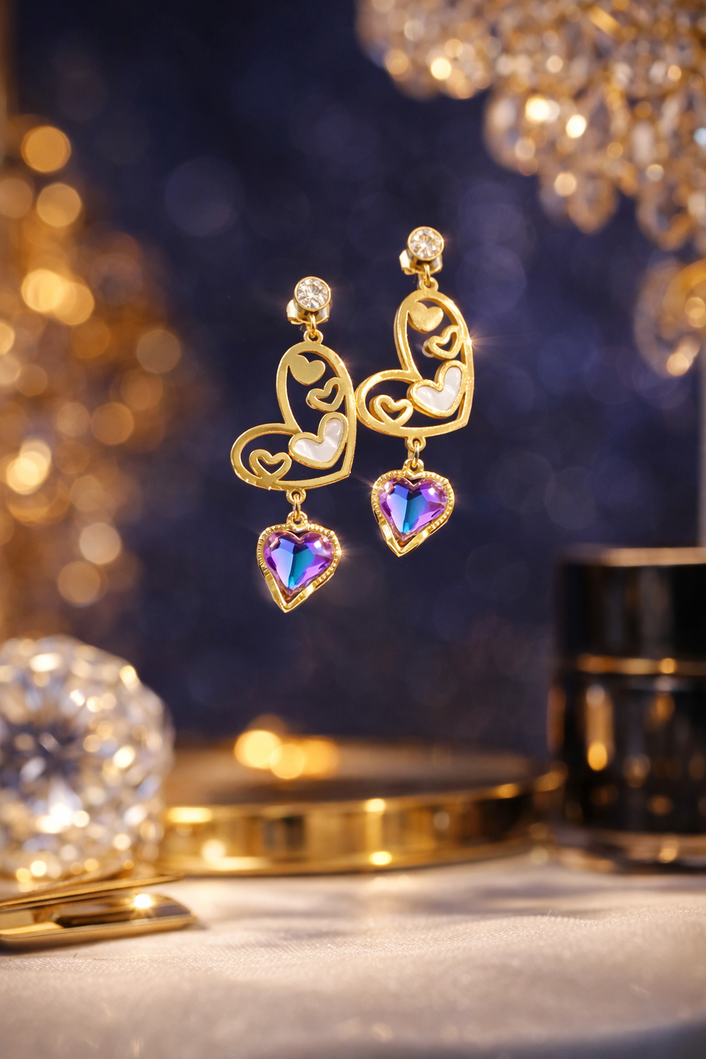 Golden Double Heart Drop Earrings with Crystal Charm