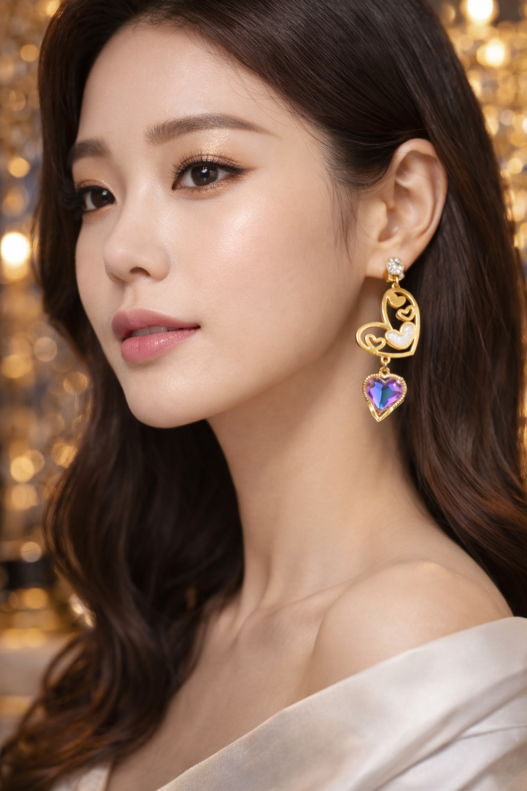Golden Double Heart Drop Earrings with Crystal Charm