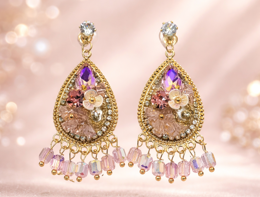Pink Purple Gold-Toned Teardrop Crystal Earrings for Women | LoveSERI