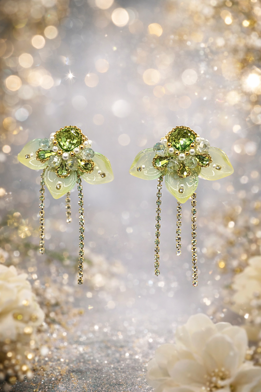 Green Floral Gold-Toned Crystal Drop Earrings for Women | LoveSERI