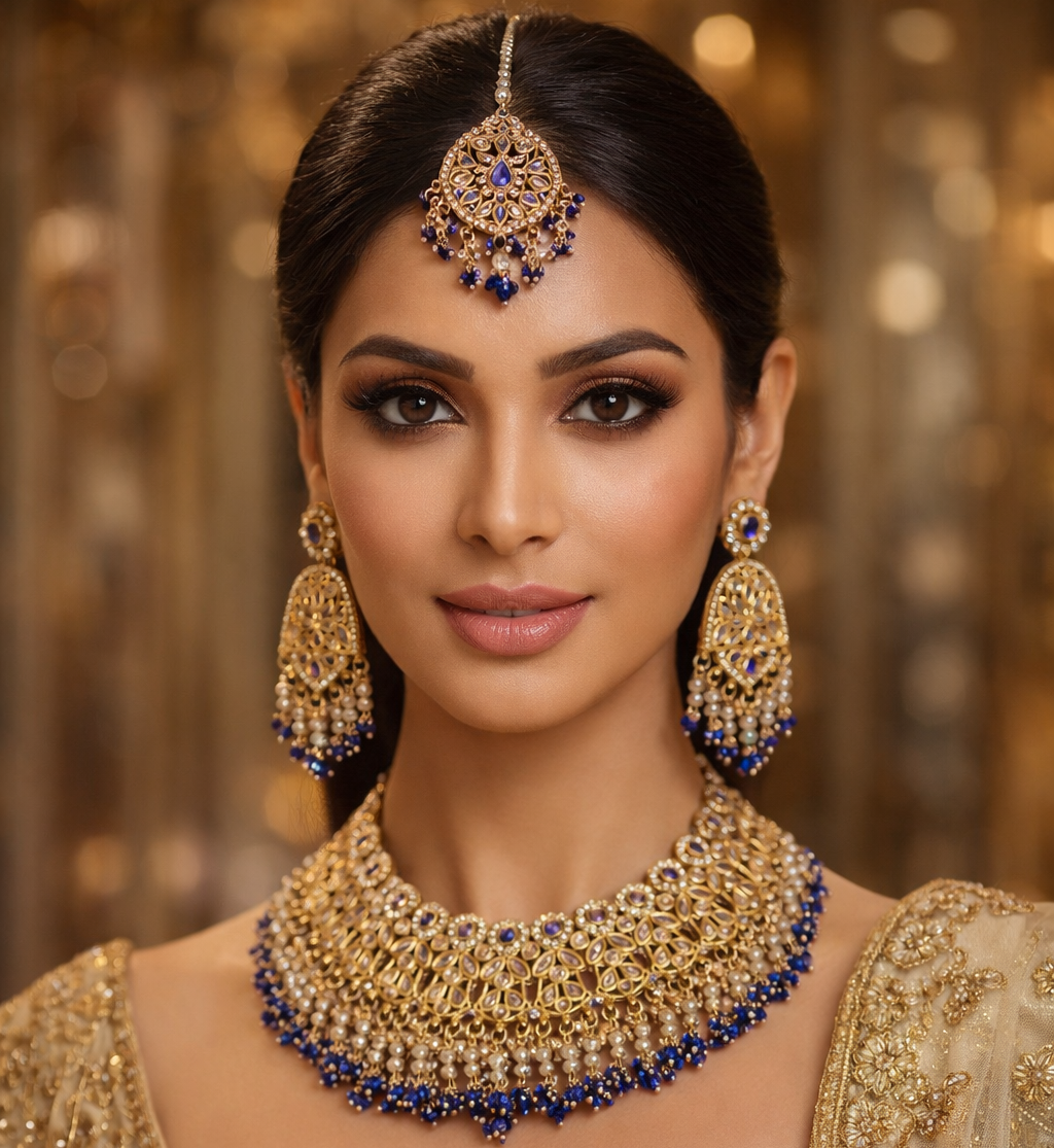 Gold toned Royal Blue Kundan Bridal Necklace Set with Earrings & Maang tikka – Premium Traditional Wedding Jewellery