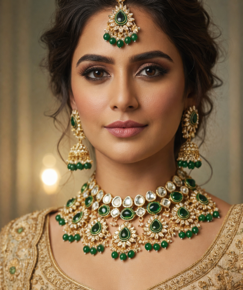 Premium Gold Tone Bridal Kundan Necklace Set with Emerald-Green Stones