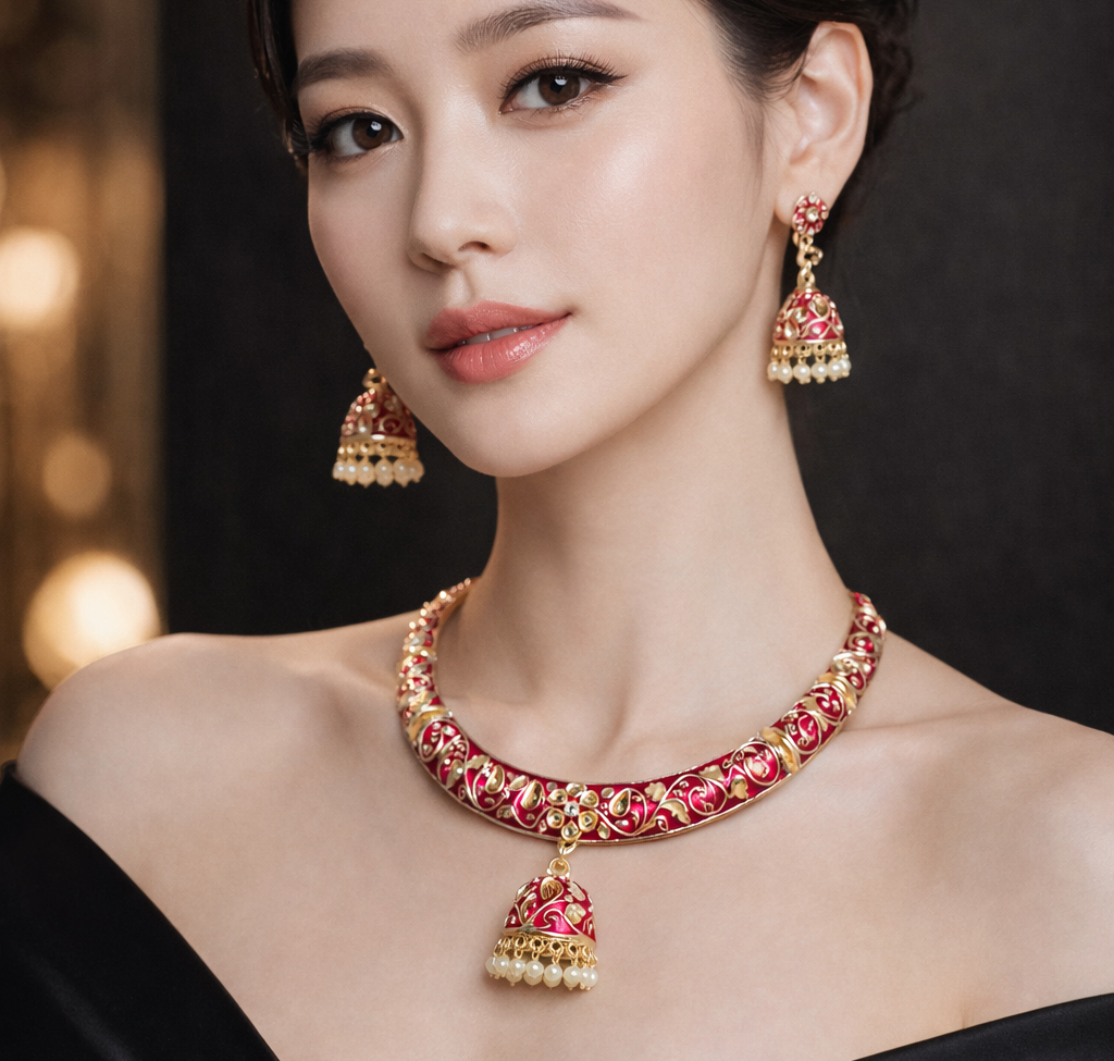 Premium Gold Tone Bridal Pink Enamel Necklace & Earrings Set