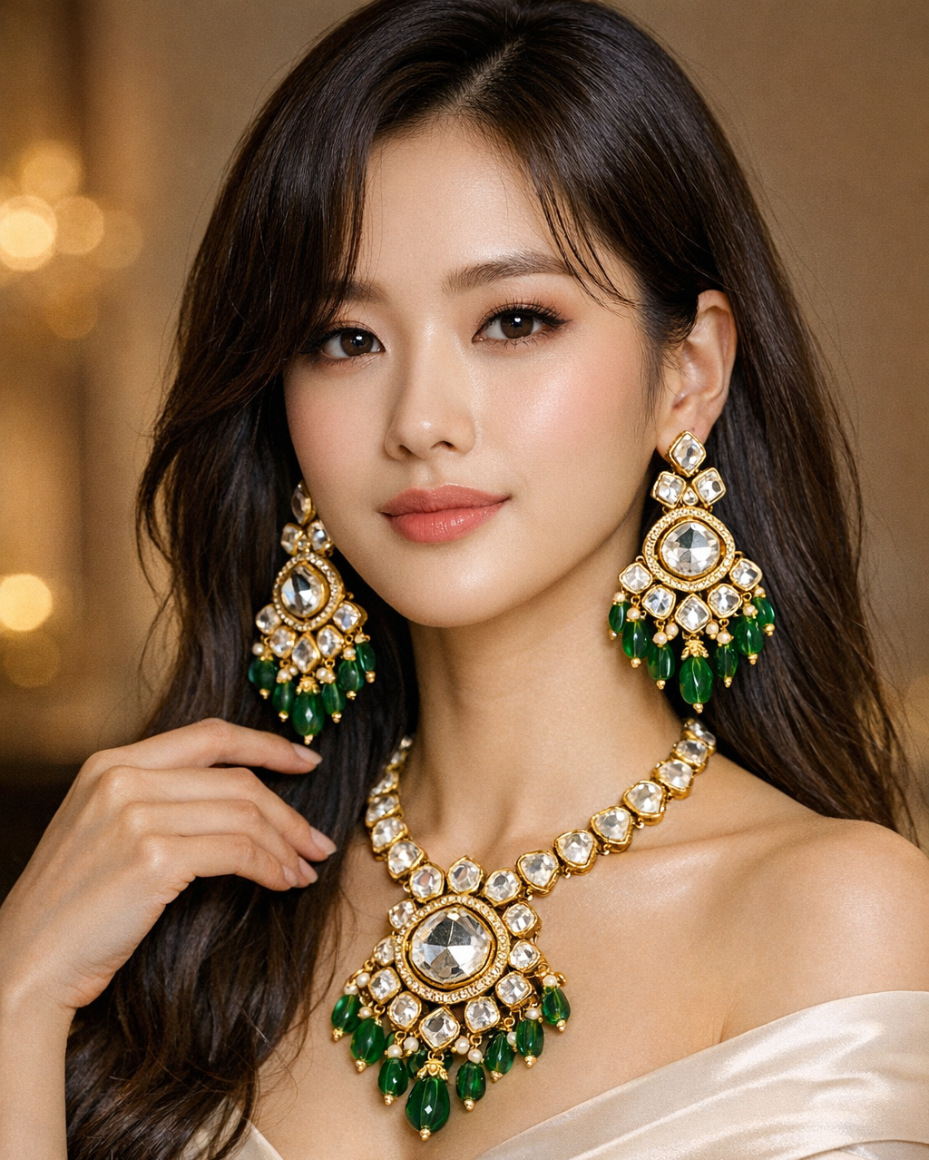 Premium Gold Tone Traditional Necklace & Earrings Set with Green Beads