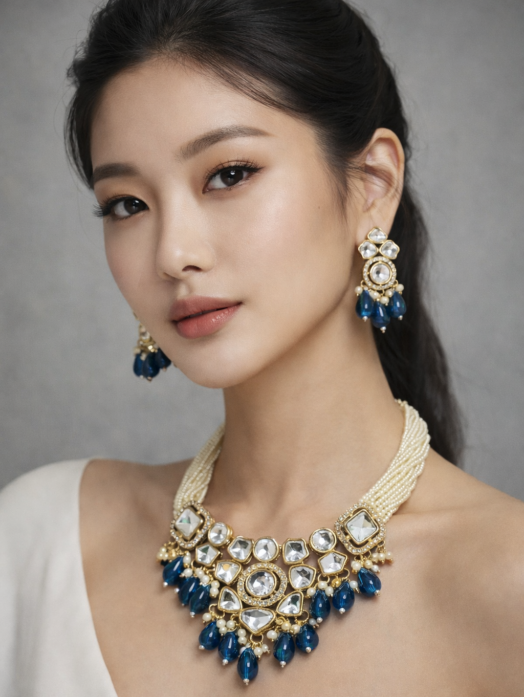 Premium Gold Tone Traditional Kundan Necklace & Earrings Set with Blue Stones