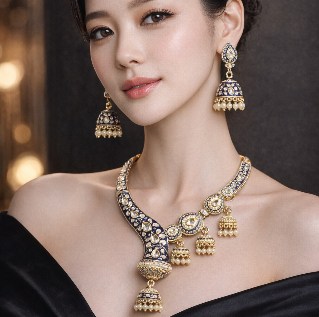 Premium Gold Tone Designer Blue Enamel Necklace Set with Pearl Drops