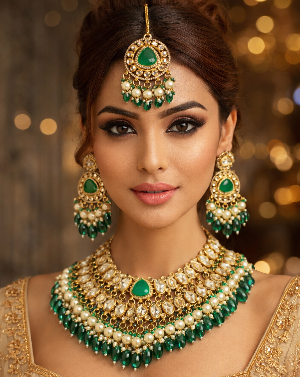 Premium Gold Tone Traditional Green Stone Pearl Necklace Set