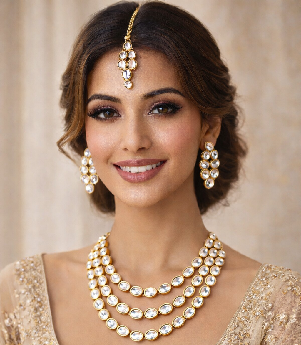 Gold Tone Kundan Triple-Layer Necklace Set with Matching Earrings