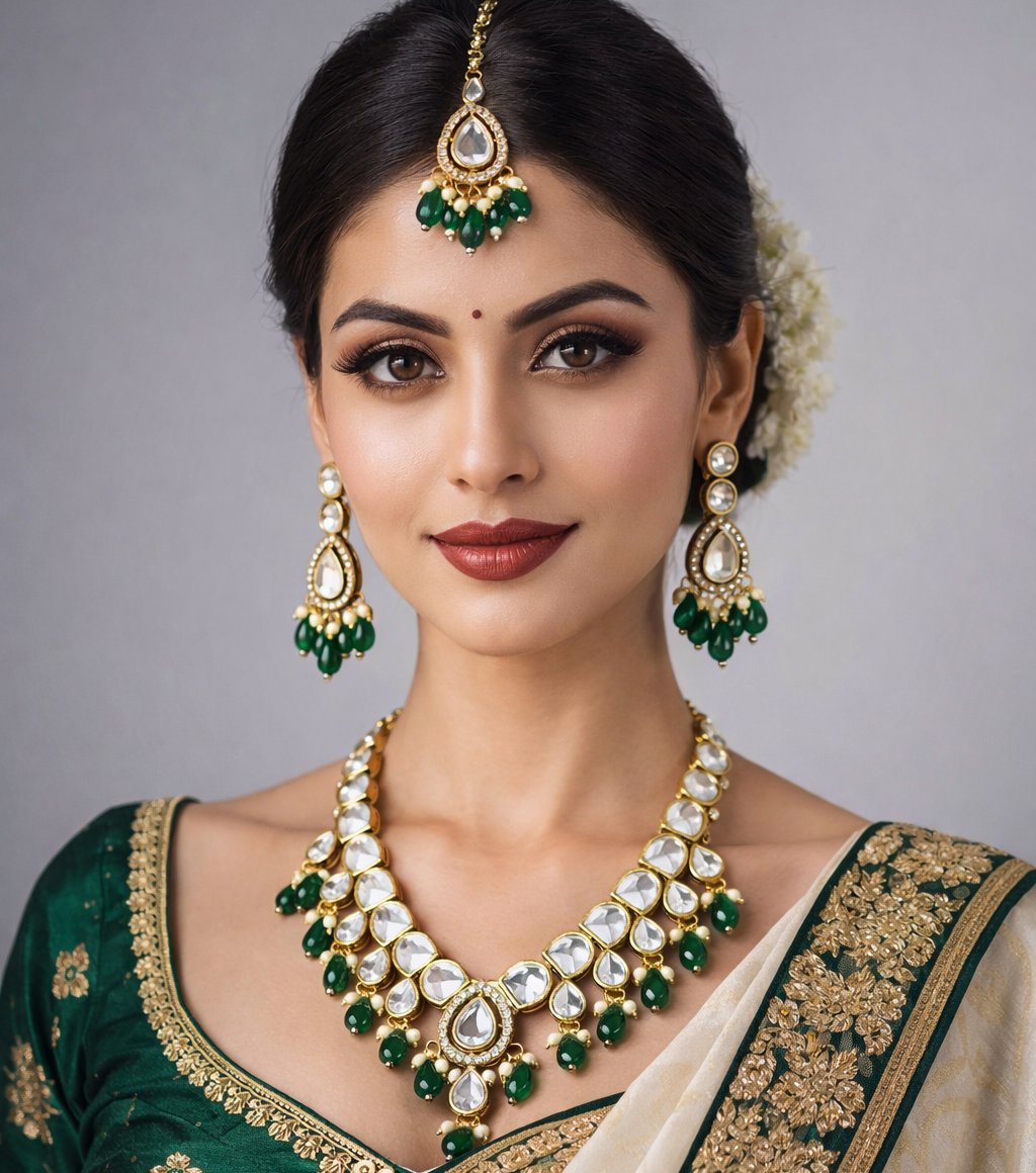 Gold Tone Kundan Necklace Set with Emerald Green Drops & Matching Earrings