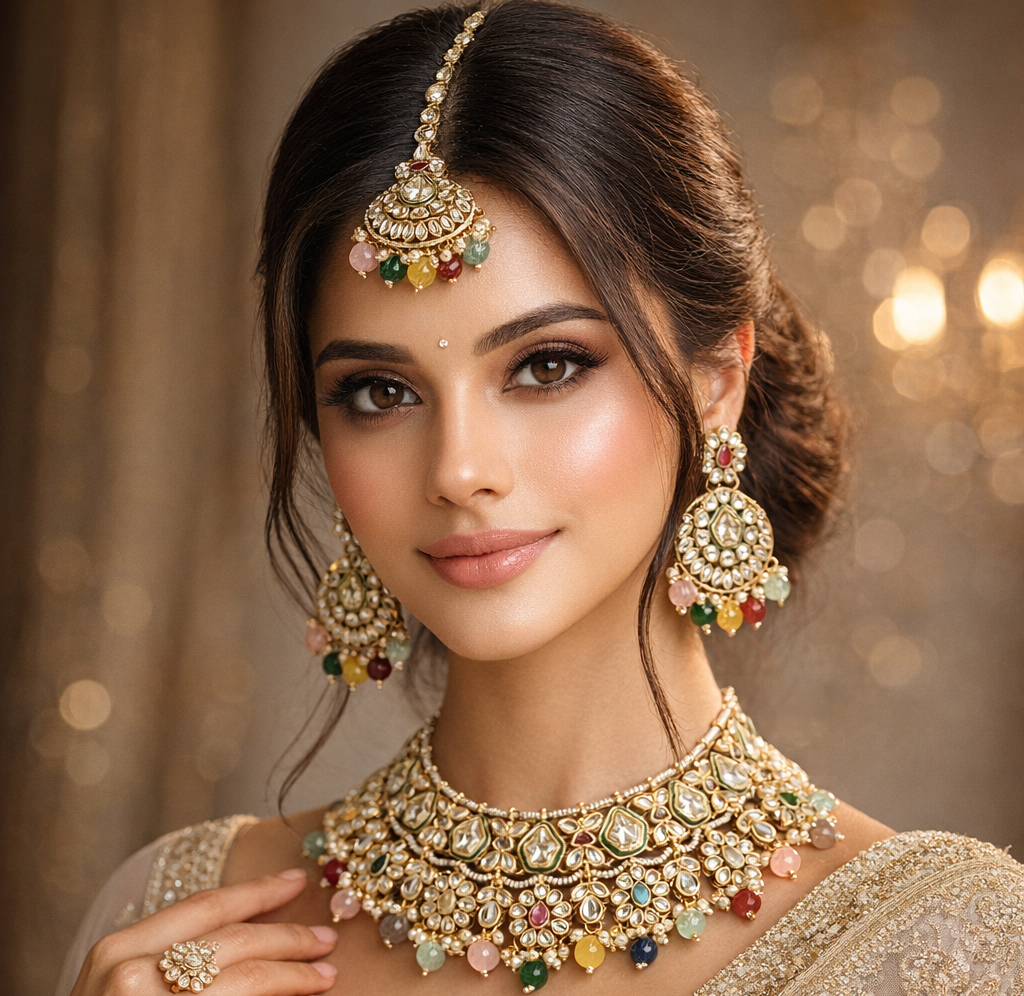 Gold Tone Kundan Choker Necklace Set with Multicolor Beads & Statement Earrings