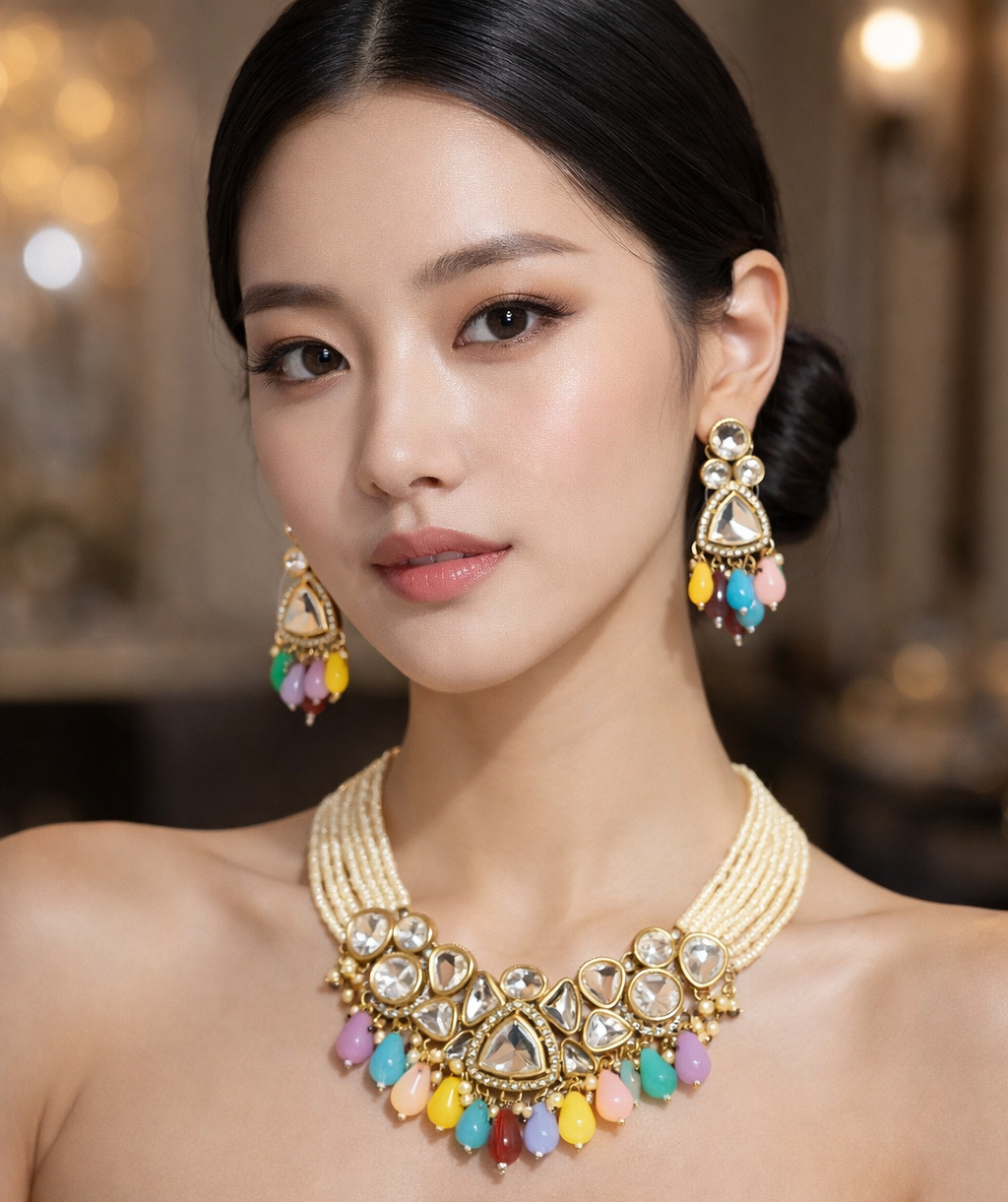 Gold Tone Kundan Pearl Choker Set with Multicolor Drop Earrings