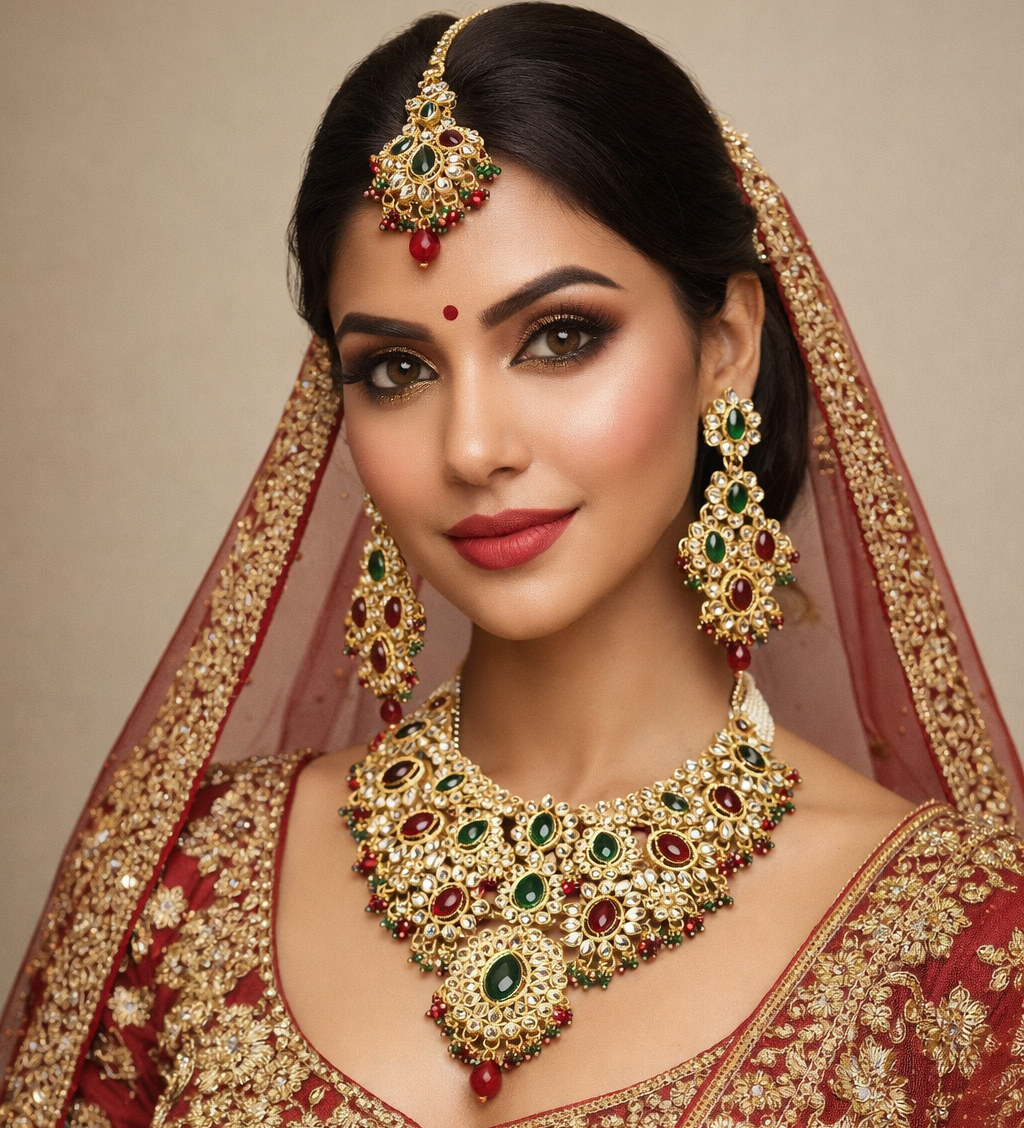Traditional Ruby & Emerald Kundan Gold-Toned Choker Necklace Set with Earrings & Maang Tikka – Premium Bridal & Wedding Jewellery