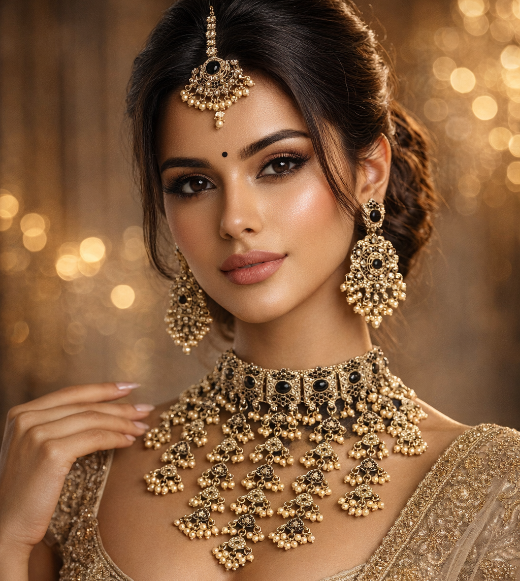Antique Black Stone Kundan Gold-Toned Choker Necklace Set with Earrings & Maang Tikka – Premium Royal Bridal Jewellery