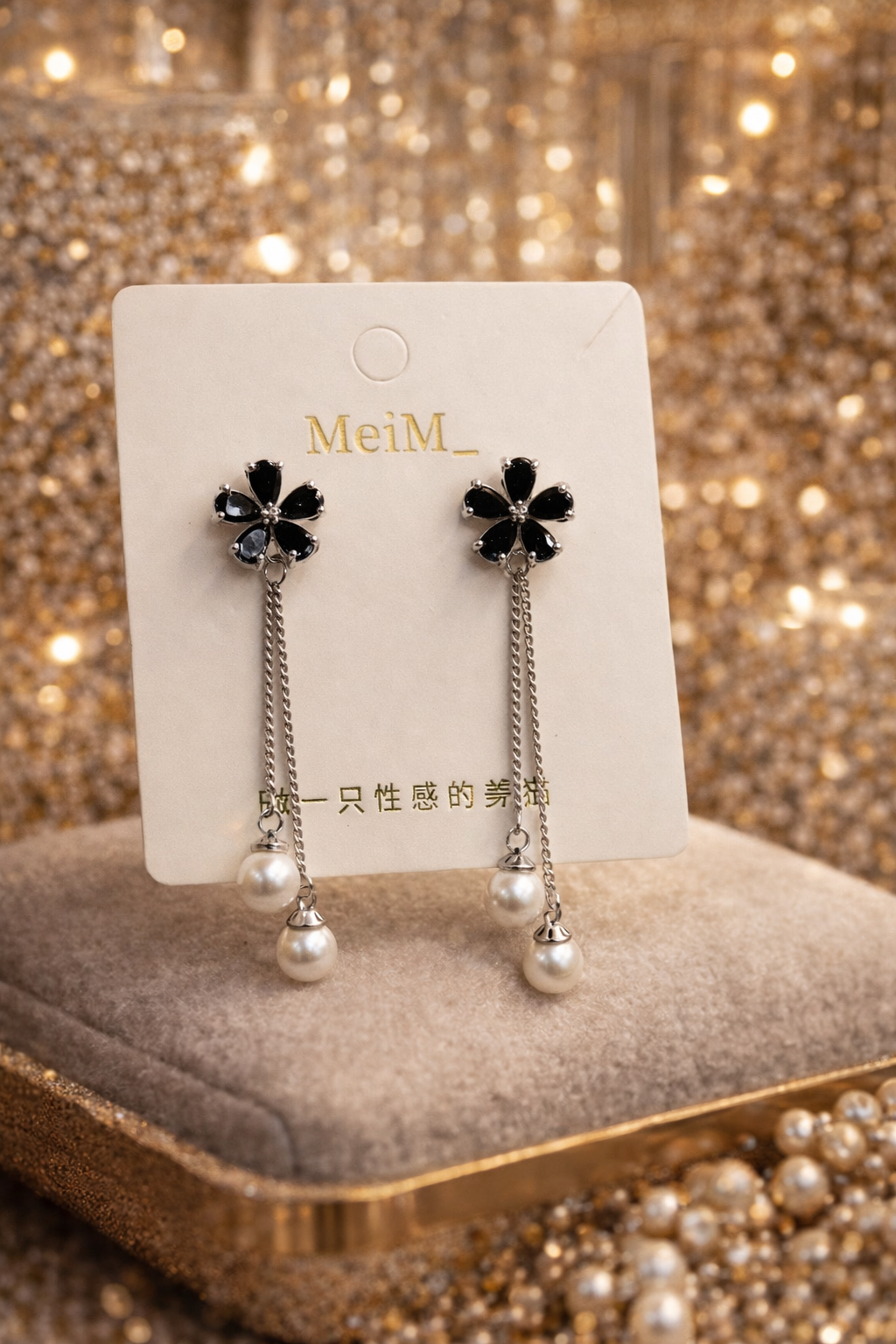 Midnight Bloom Pearl Chain Drop Earrings