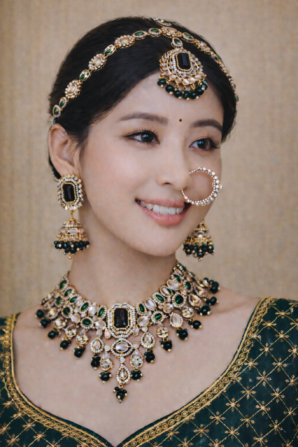 Emerald Green & Black Kundan Gold-Toned Bridal Choker Necklace Set with Earrings, Maang Tikka & Ring – Premium Royal Wedding Jewellery