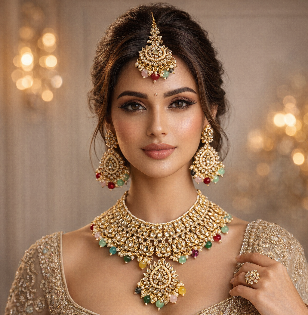 Multicolor Beaded Kundan Gold-Toned Choker Necklace Set with Earrings & Maang Tikka – Premium Festive & Bridal Jewellery