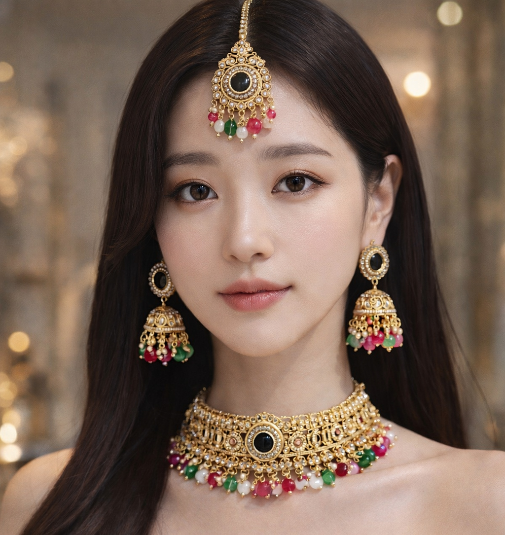 Royal Gold Tone Kundan Choker Necklace Set with Jhumka Earrings & Maang Tikka
