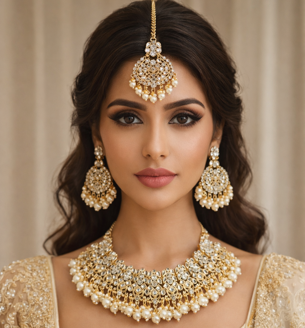 Premium Gold Tone Bridal Kundan Necklace Set with Matching Earrings & Maang Tikka