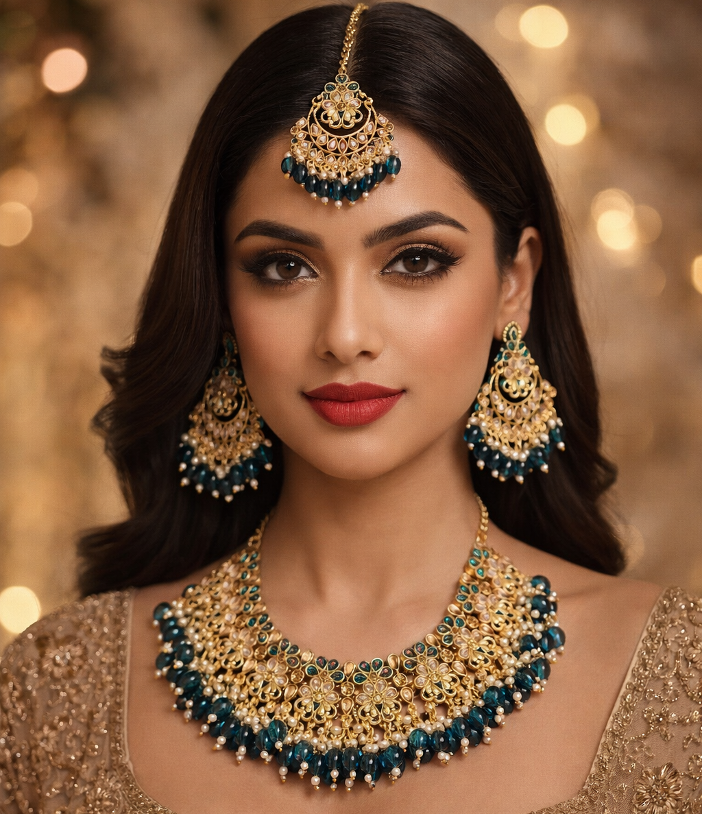 Premium Gold Tone Bridal Choker Necklace Set with Blue Stone Detailing
