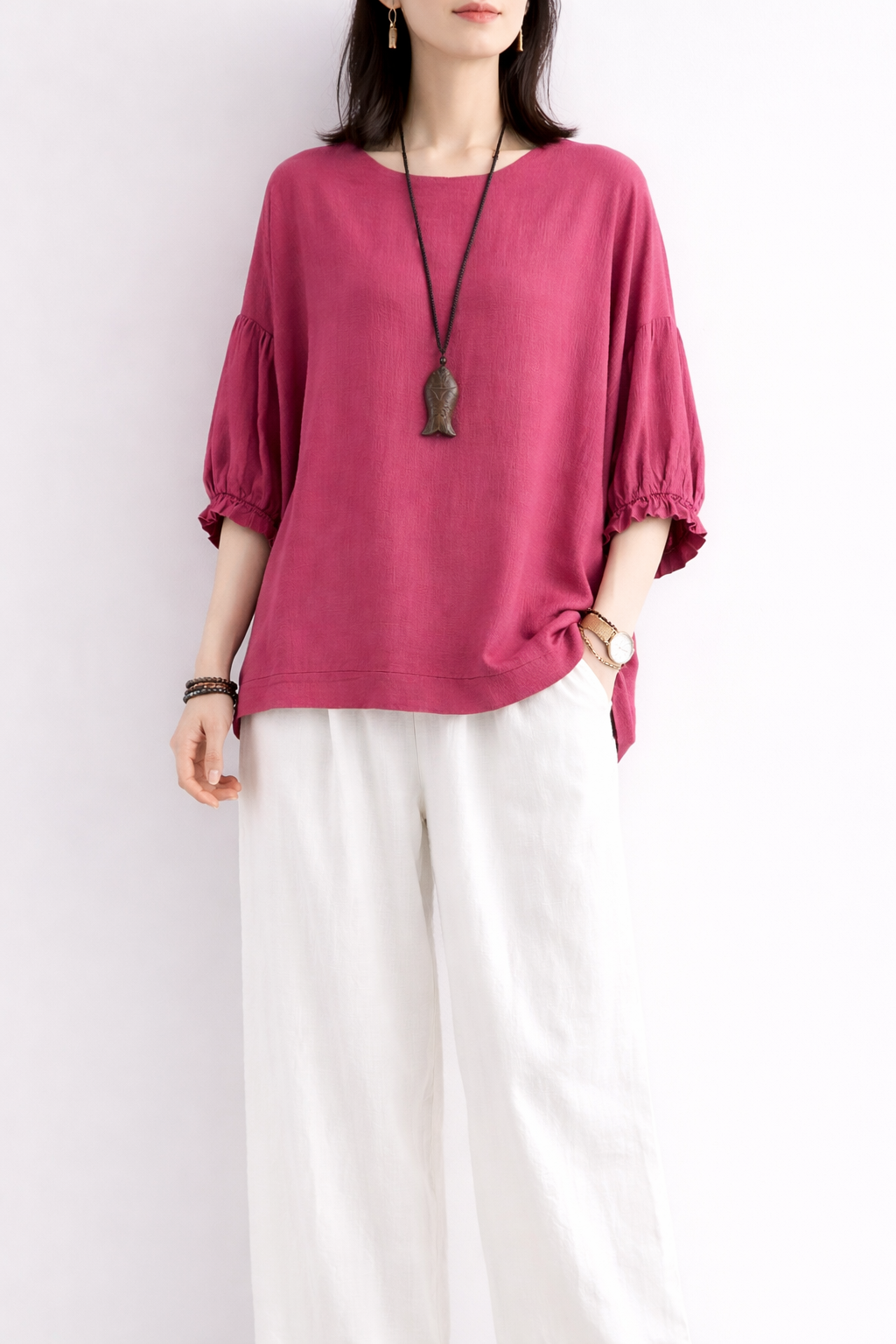 Elegant Rose Pink Puff Sleeve Women’s Top – Casual Loose Fit