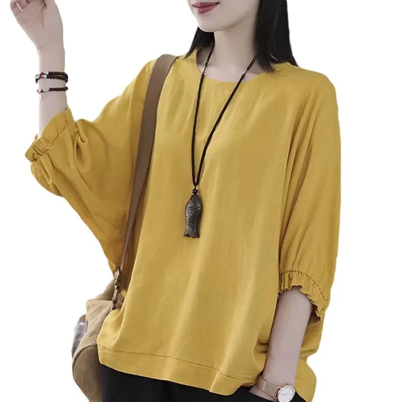 Mustard Yellow Puff Sleeve Women’s Top – Loose Fit Casual