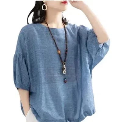 Women’s Sky Blue Linen Oversized Top – Elegant Loose Fit Puff Sleeve