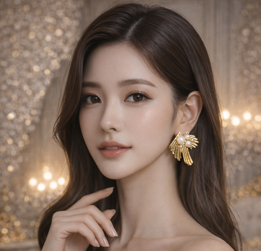 Golden Pearl Fan Stud Earrings
