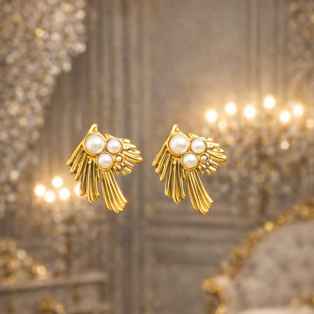 Golden Pearl Fan Stud Earrings