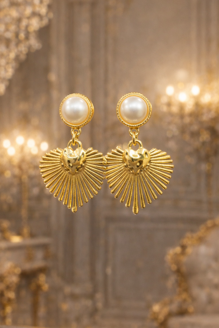 Luxury Pearl & Gold Heart Fan Earrings